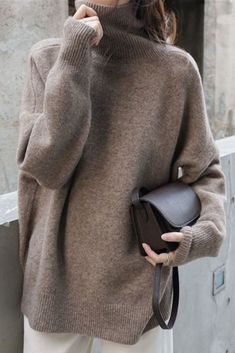 Women's Loose Knit High-Neck Sweater Casual Oversized Soft Knit Turtleneck, Oversized Soft Knit Casual Turtleneck, Casual Brown Turtleneck Sweater, Casual Oversized Turtleneck For Winter, Oversized Long Sleeve Casual Turtleneck, Casual Oversized Long Sleeve Turtleneck, Casual Oversized Winter Turtleneck, Oversized Winter Casual Turtleneck, Oversized High Neck Turtleneck For Fall