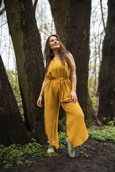 Summer Jumpsuit for Women Mustard Muslin Jumpsuit Lounge - Etsy Yellow Wide-leg Jumpsuits For Spring, Yellow Wide Leg Jumpsuits And Rompers For Spring, Mustard Jumpsuits And Rompers For Summer, Spring Yellow Wide-leg Jumpsuits And Rompers, Moda Z Lat 70., Minimalist Clothes, Summer Jumpsuit, Jumpsuit For Women, Womens Jumpsuits