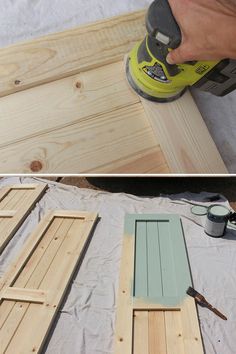 a person sanding wood with a power tool on top of it and an image of the process being done