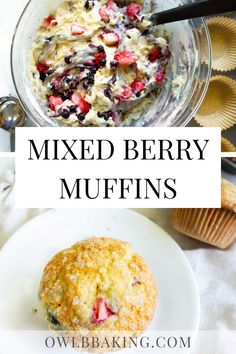 mixed berry muffins on a white plate next to a muffin