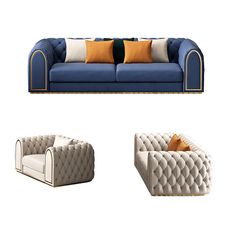 three different types of couches and chairs with pillows on them, including one in blue