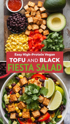 an image of a salad with tofu and black beans in the middle, surrounded by other ingredients