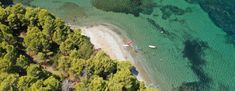 an aerial view of the beach and trees