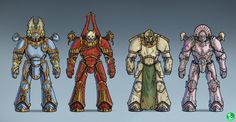 five different types of armor are shown in this image, one is red, the other is blue