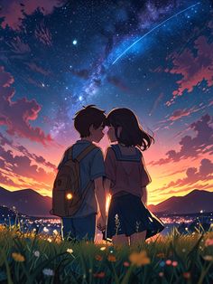 two children looking at the stars in the sky with their backs turned to each other