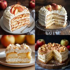 four different pictures of cakes with apples on top and bottom, one is sliced in half