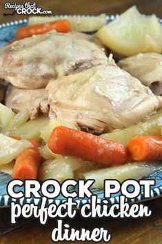 crock pot chicken dinner with carrots, potatoes and celery on a blue plate