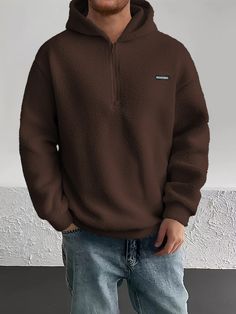 Winter Half-zip Sweatshirt With Kangaroo Pocket, Winter Half-zip Sweatshirt With Drawstring Hood, Brown Fleece Sweatshirt For Winter, Cozy Half-zip Fleece Hoodie, Cozy Half-zip Winter Hoodie, Winter Cozy Half-zip Hoodie, Solid Half-zip Fleece Sweatshirt, Casual Crew Neck Fleece Jacket, Casual Brown Fleece Jacket