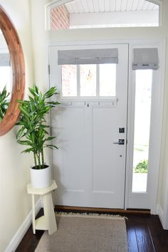 a white front door with a potted plant next to it and a mirror on the wall