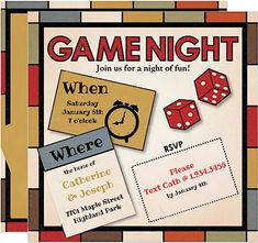 a flyer for a game night with dices and tickets