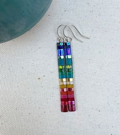 Colorful Long Tila Bead Earrings Square Rainbow Dangle - Etsy Tila Jewelry, Diy Leather Bracelet, Earrings Square, Beaded Earrings Patterns, Beadwork Patterns