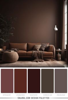 a living room with brown walls and furniture in the color scheme, including a couch