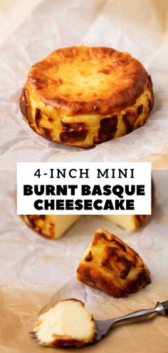 four different types of cheesecakes sitting on top of each other with the words 4 - inch mini burnt base cheesecake