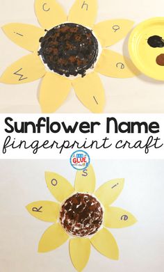 the sunflower name fingerprint craft is made with construction paper and glue to make it