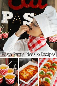 a woman wearing a chef's hat and holding a spoon to her mouth in front of some food