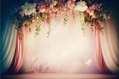 an image of a stage with flowers on the curtain and butterflies flying in the air