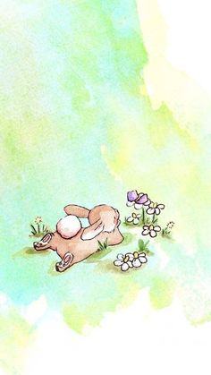 a drawing of a dog laying on its back in the grass with flowers around it