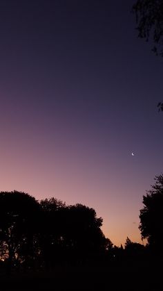 the moon is setting over some trees