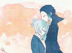 two anime characters are hugging each other in front of a pink and blue background with clouds