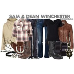 some clothes and accessories are arranged in the shape of an image with words that say, sam & dean winchester supernatural