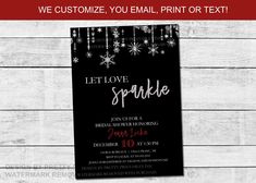 a black and white christmas party card with snowflakes hanging from the strings on it