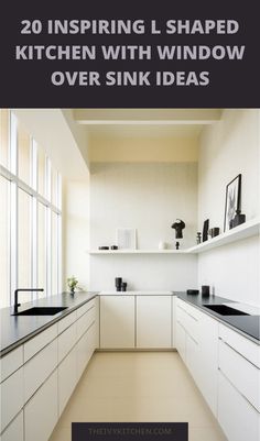 Modern L-shaped kitchen with large windows and sleek white cabinetry. L Shaped Kitchen Designs, Window Over Sink, Over Sink, Kitchen Window, Kitchen Layout, Kitchen Space, L Shape