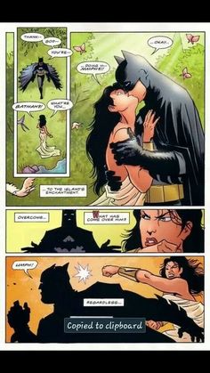 a comic strip with an image of a batman kissing a woman in the middle of it