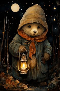 a painting of a teddy bear holding a lantern