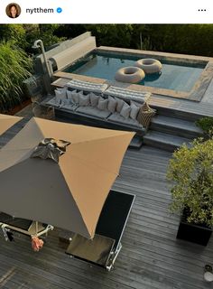 an overhead view of a patio and swimming pool