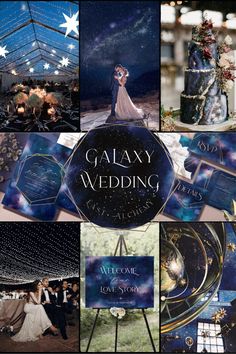 a collage of wedding photos with the theme galaxy and stars in blue, black, white and gold