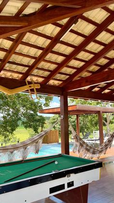 a pool, hammock and table in a covered area