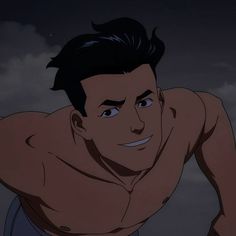 an animated image of a man with no shirt on, leaning over his shoulder and looking at the camera