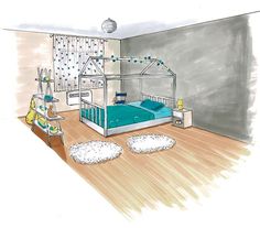 a drawing of a child's room with a bed and toys on the floor