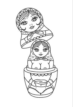 a black and white drawing of two dolls in a bowl with one doll sitting on top of the other