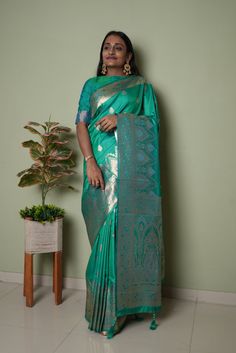 🌟New Beautiful Butta Designs Banarasi self silk saree party wear saree silk saree with blouse anbhiga's Premium Sarees🌟 Note :  "If you're uncertain about the fabric and color, you have the option to order a fabric sample." "Anbhiga is committed to consistently delivering premium quality products and ensuring customer satisfaction." Introducing our Premium Silk Saree, meticulously crafted to embody sophistication and timeless allure. Immerse yourself in the epitome of luxury with this exquisite masterpiece. ✨ Key Features: 🌈 Color Ocean Green 🎀 Pure Self Silk Saree 🌟 Lightweight and Sumptuously Smooth 🌺 Versatile Elegance: Ideal for discerning individuals who appreciate the fusion of tradition and contemporary style. Elevate your presence at weddings, parties, upscale events, and soi Green Pre-draped Saree For Diwali Celebration, Diwali Celebration Paithani Silk Pre-draped Saree, Banarasi Silk Saree For Eid Celebrations, Eid Celebration Banarasi Silk Saree, Banarasi Silk Pre-draped Saree For Navratri Celebration, Banarasi Silk Pre-draped Saree For Diwali Celebration, Paithani Silk Saree For Eid Celebrations, Eid Celebration Paithani Silk Saree, Green Traditional Wear With Zari Weaving For Celebration