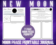 the moon phase printable journal is shown in purple and black with text that reads new moon