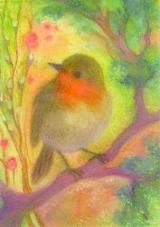 a painting of a bird sitting on a tree branch