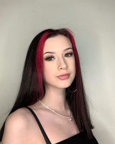 Red Front Hair Streak, Dark Red Hair Front Strands, Red Front Highlights On Dark Hair, Black Hair With Red Face Frame, Black Hair With Red Strands, Two Red Streaks In Front Of Hair, Red Curtain Bangs Black Hair, Front Red Hair Streaks