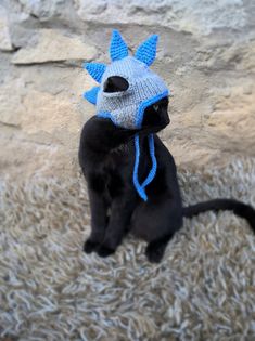 a black cat wearing a knitted star hat