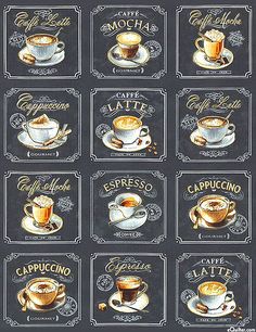 coffee cups and saucers with the names of different types of drinks in spanish language