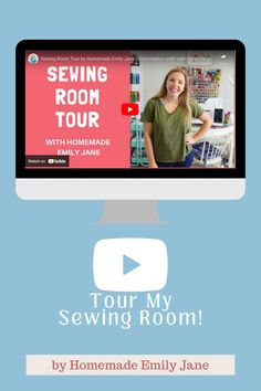 a computer screen with the words sewing room tour on it and a woman standing in front of