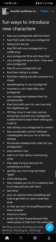 Fun Ways To Introduce A Character, Characters Meeting Ideas, Character Tropes Writing, Ways To Introduce A Character, Setting Ideas Writing, Ways To Introduce Characters, Writing Tips Characters, Writing Expressions, Character Writing