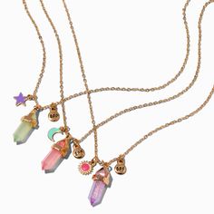 Show your besties that you love them to the moon and back with these amazing gold-tone necklaces. The set includes three mystical faux gem pendant necklaces in green, pink, and purple, each with a celestial charm and tiny "BFF" dangle.Pack Size: 3Finish: Gold-toneLength: 16 + 3 in. extender / 40.64 + 7.62 cm. extenderClosure: Lobster claspMaterial: Metal, Plastic - Claire's Best Friends Mystical Gem Celestial Pendant Necklaces - 3 Pack Trio Friendship Necklace, Bff Necklaces For Three, Friendship Necklaces For 3 Friends, Trio Things, Eyestrain Art, Necklaces For Girls, Kids Jewellery, Celestial Pendant, Trio Necklace