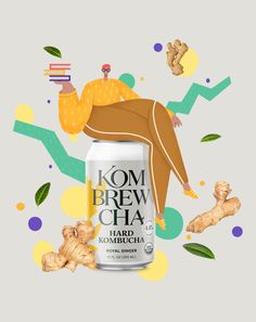 an advertisement for kom brew cha featuring a woman leaning on a beer can with gingers around her