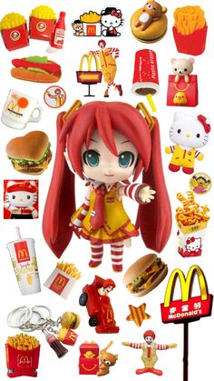 an anime doll surrounded by mcdonald's, fries, hotdogs and more