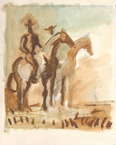 a drawing of two people riding horses in the desert