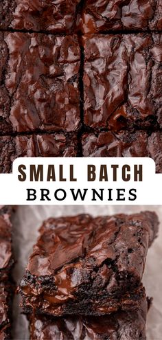 small batch brownies stacked on top of each other with text overlay that reads small batch brownies