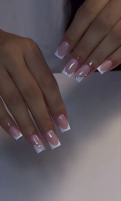 Summer Nail Set Ideas, French Tips With Hearts Acrylic, Small Square Nails French Tip, Glitter Detail Nails, French Acrylics With Design, White Fresh Tip Nails, White Prom Nails Acrylic Short, Small Square Acrylic Nails, Square French Tip With Gems