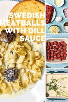 several different types of meatballs and sauces in bowls, with the words swedish meatballs with dill sauce