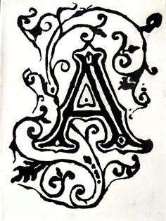 the letter a is drawn in black ink on white paper with swirls and scrolls